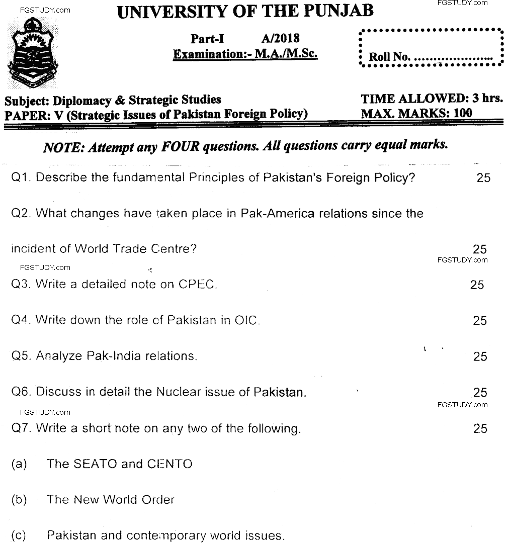 Ma Part 1 Diplomacy And Strategic Studies Strategic Issues Of Pakistan Foreign Policy Past Paper 2018 Punjab University
