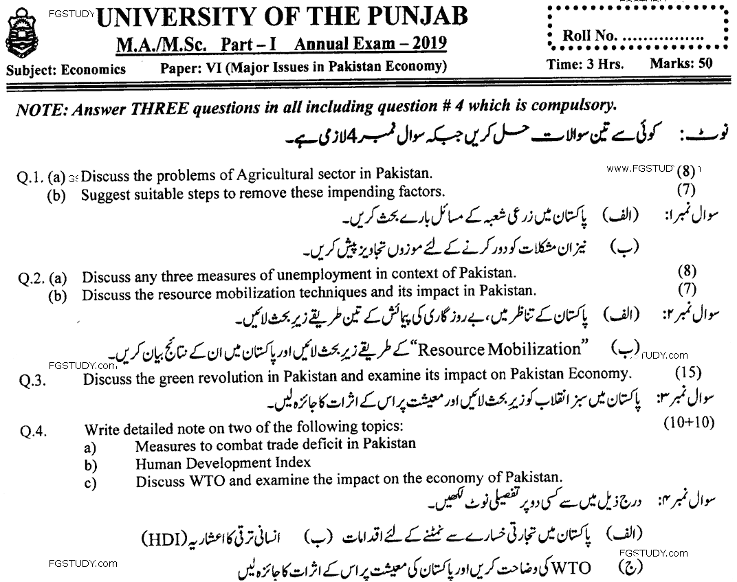 MA Part 1 Economics Major Issues In Pakistan Economy Past Paper 2019 Punjab University