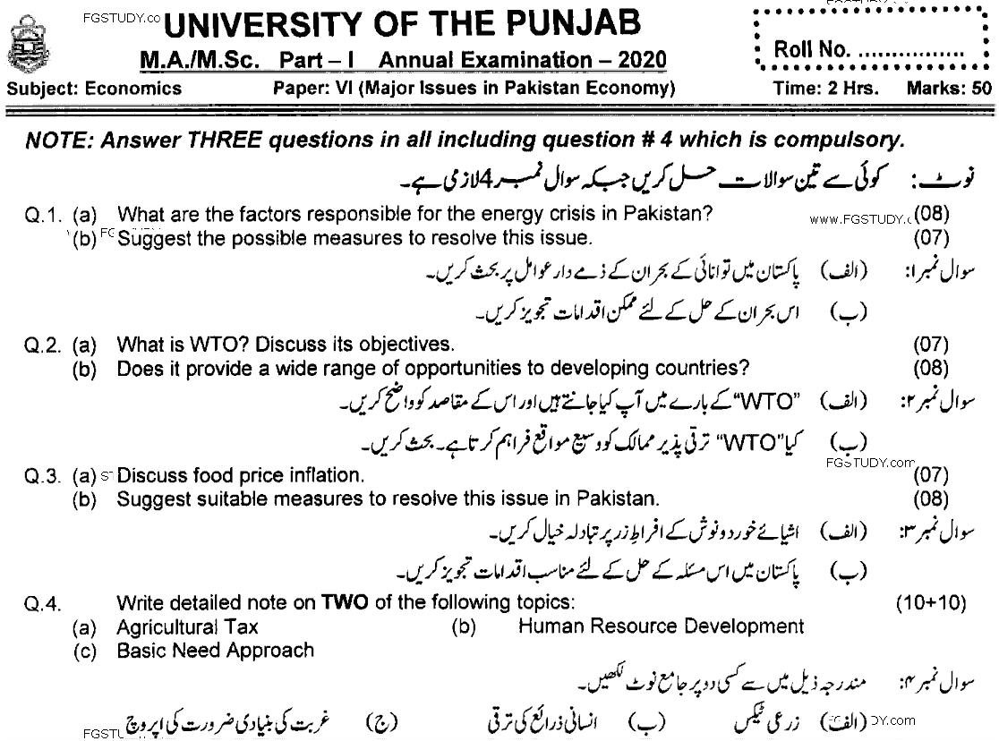 MA Part 1 Economics Major Issues In Pakistan Economy Past Paper 2020 Punjab University
