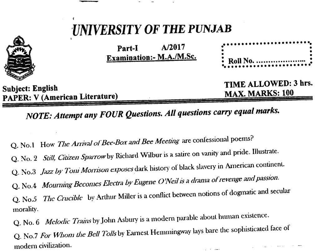 Ma Part 1 English American Literature Past Paper 2017 Punjab University