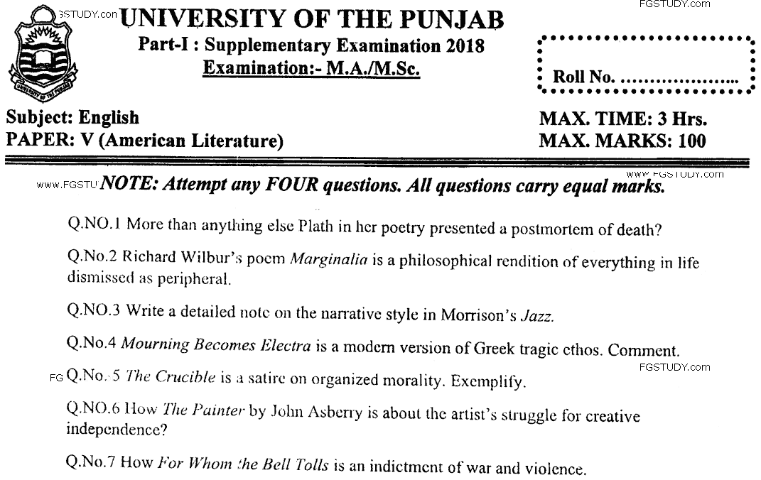 Ma Part 1 English American Literature Past Paper 2018 Punjab University