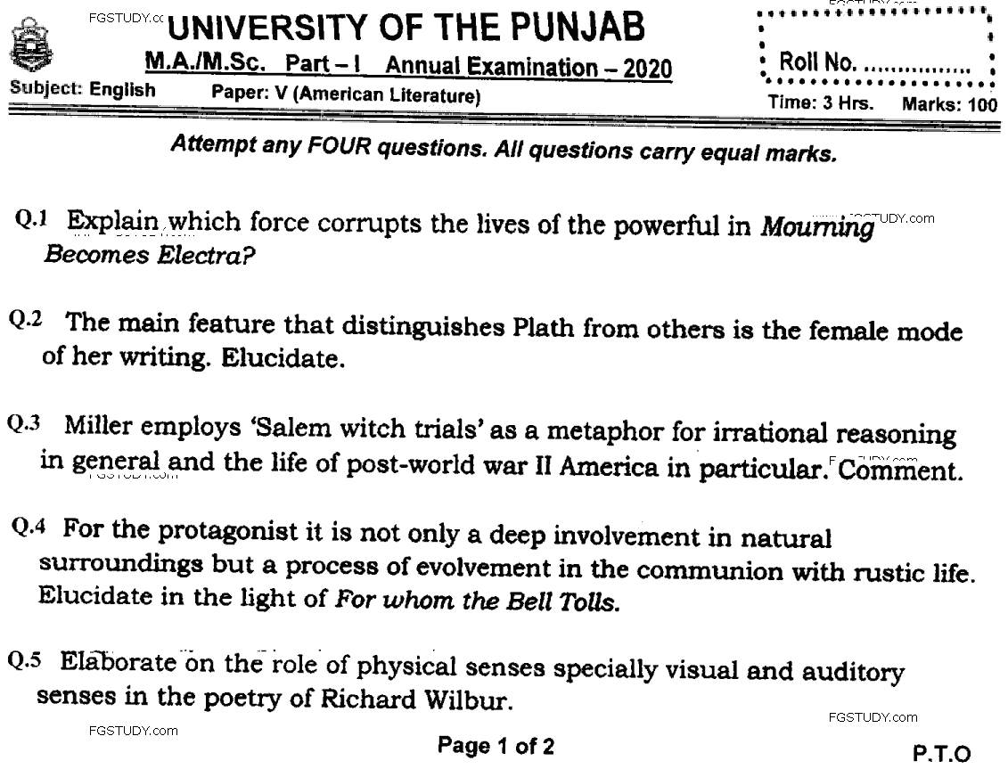 MA Part 1 English American Literature Past Paper 2020 Punjab University