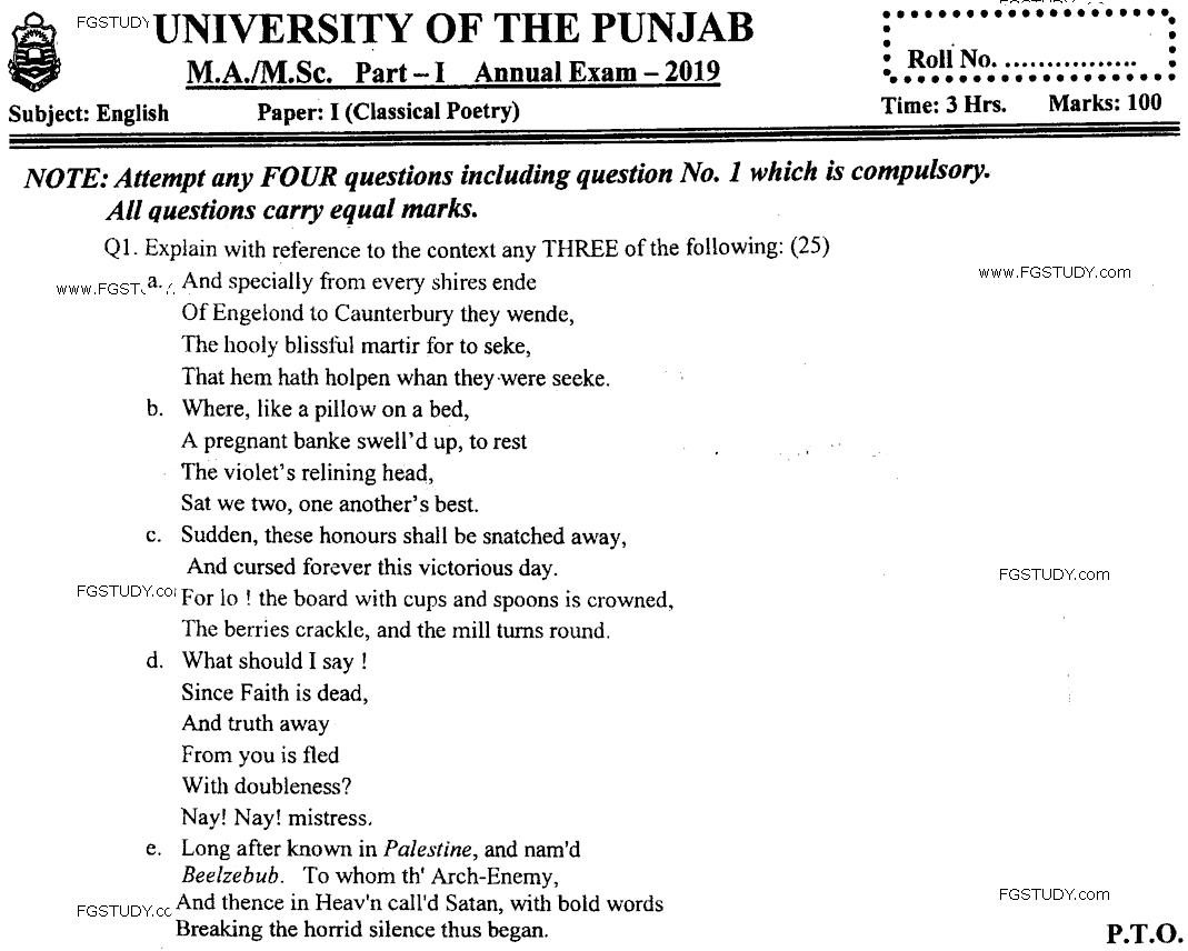 Ma Part 1 English Classical Poetry Past Paper 2019 Punjab University