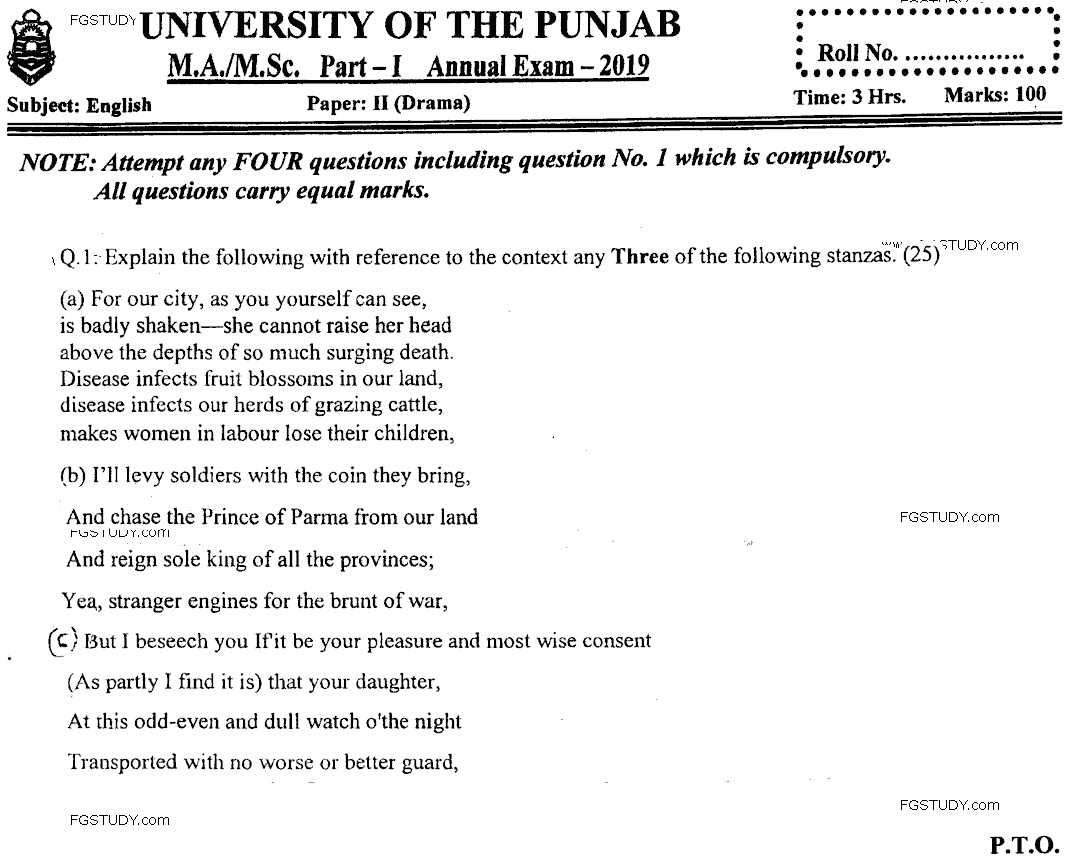 Ma Part 1 English Drama Past Paper 2019 Punjab University