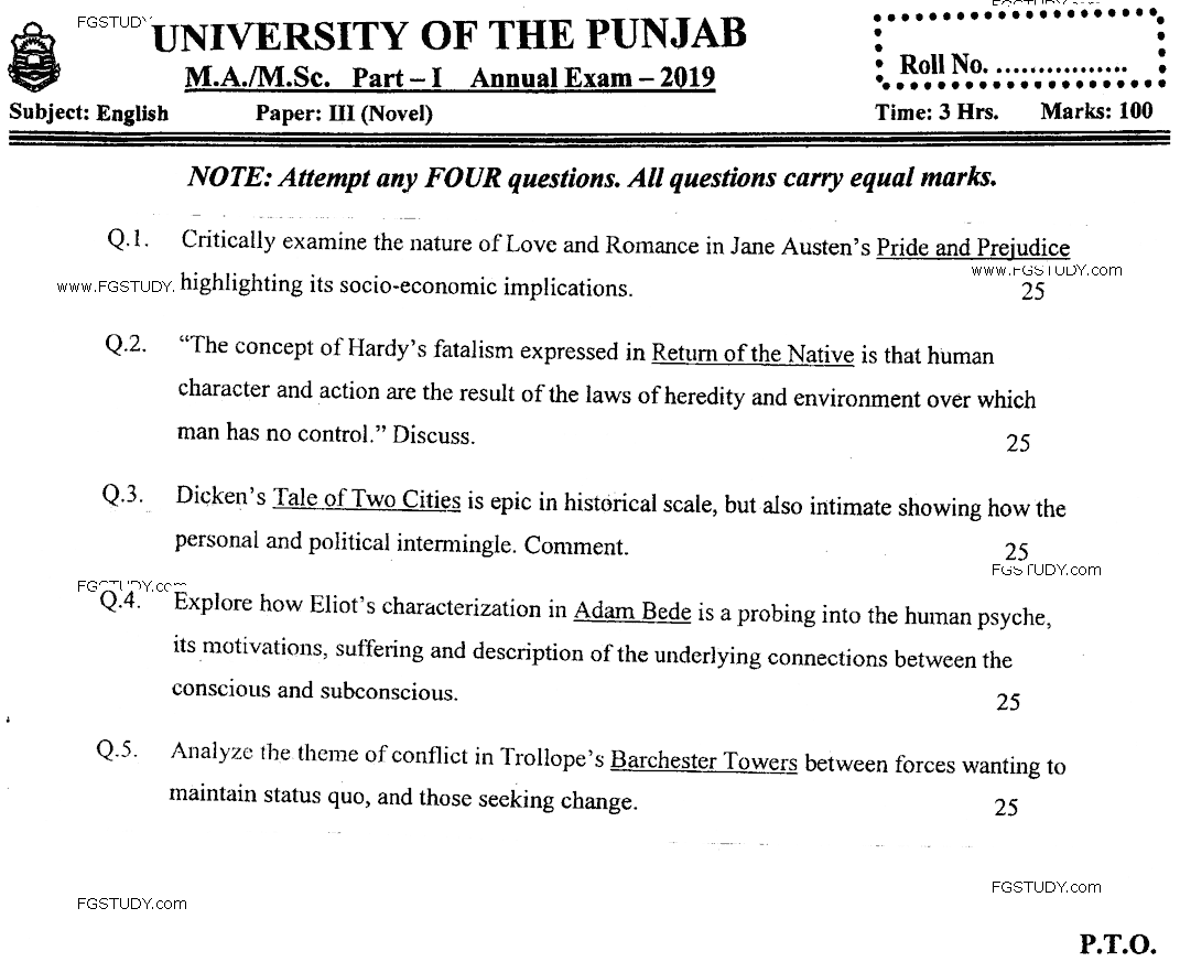 MA Part 1 English Novel Past Paper 2019 Punjab University