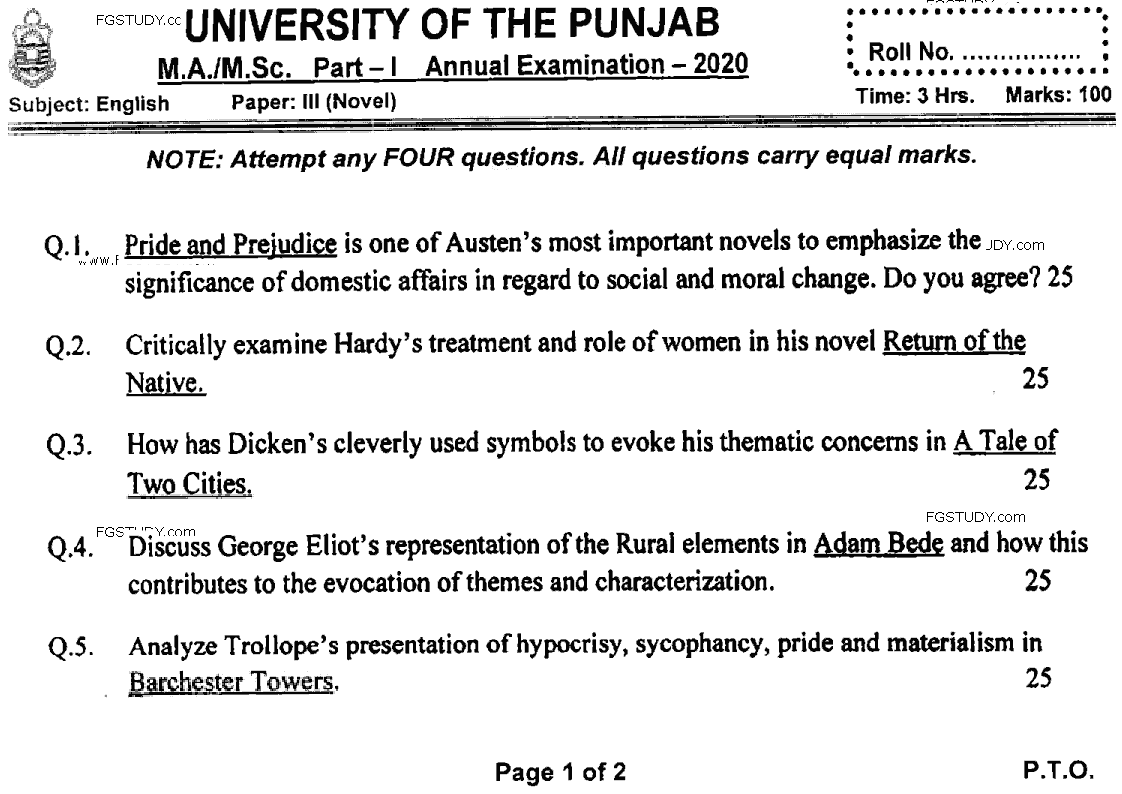 Ma Part 1 English Novel Past Paper 2020 Punjab University