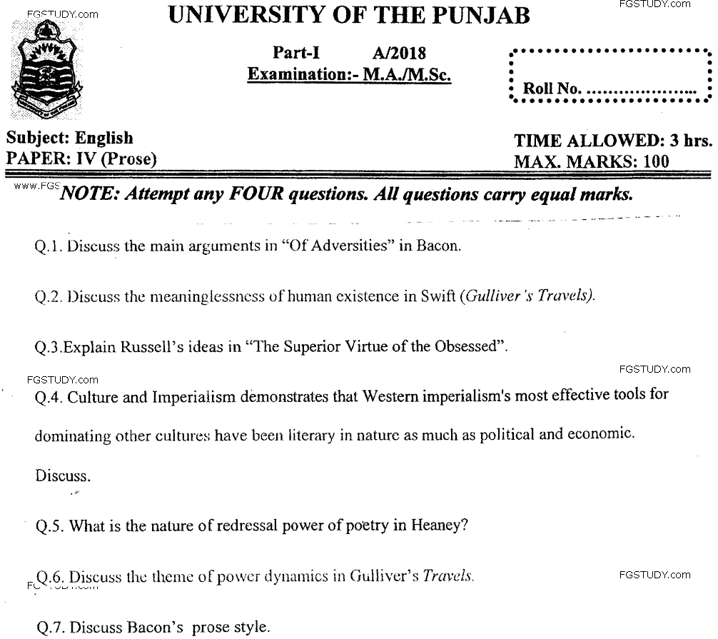 Ma Part 1 English Prose Past Paper 2018 Punjab University