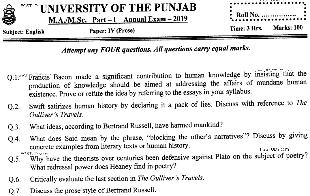 Ma Part 1 English Prose Past Paper 2019 Punjab University