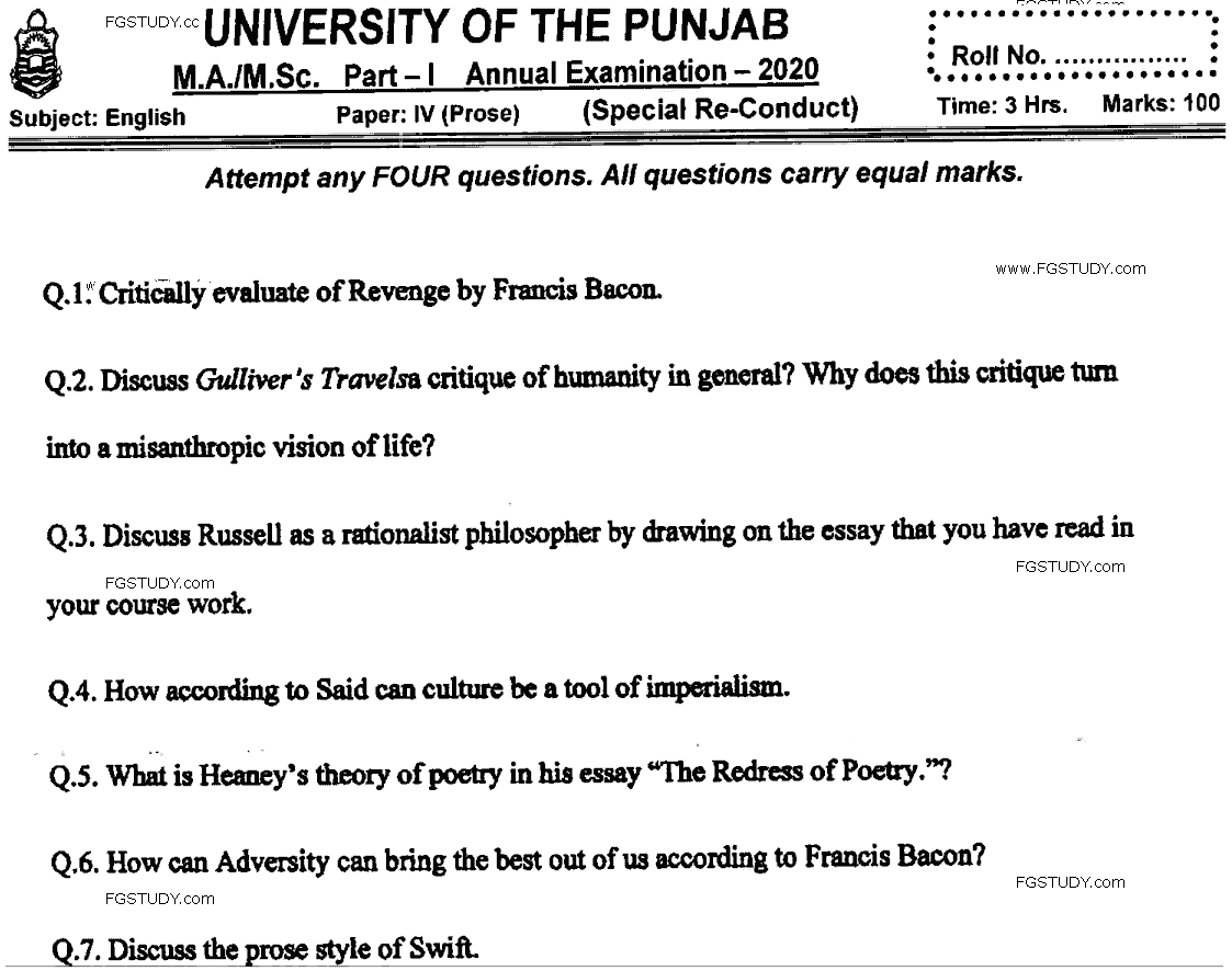 MA Part 1 English Prose Past Paper 2020 Punjab University