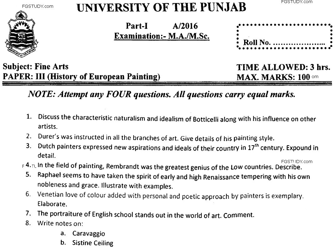MA Part 1 Fine Arts History Of European Painting Past Paper 2016 Punjab University
