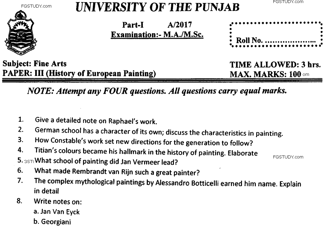Ma Part 1 Fine Arts History Of European Painting Past Paper 2017 Punjab University