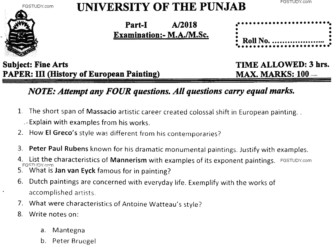 Ma Part 1 Fine Arts History Of European Painting Past Paper 2018 Punjab University