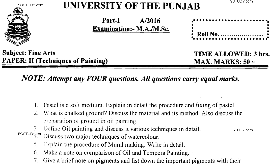 Ma Part 1 Fine Arts Techniques Of Painting Past Paper 2016 Punjab University