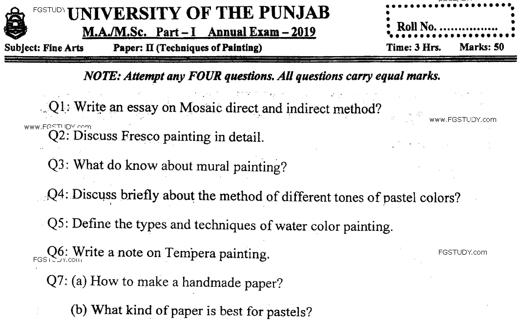 Ma Part 1 Fine Arts Techniques Of Painting Past Paper 2019 Punjab University