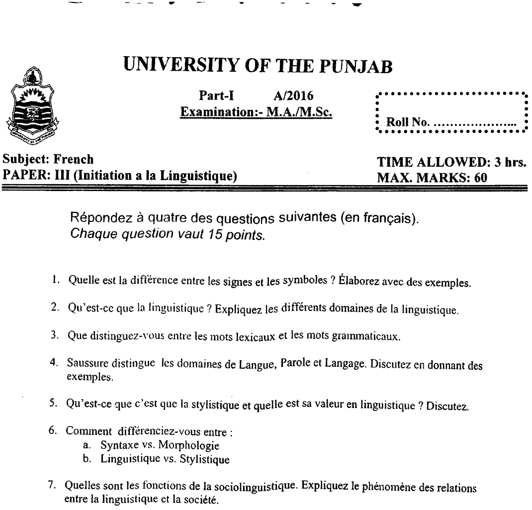 Ma Part 1 French Initiation A La Linguistique Past Paper 2016 Punjab University