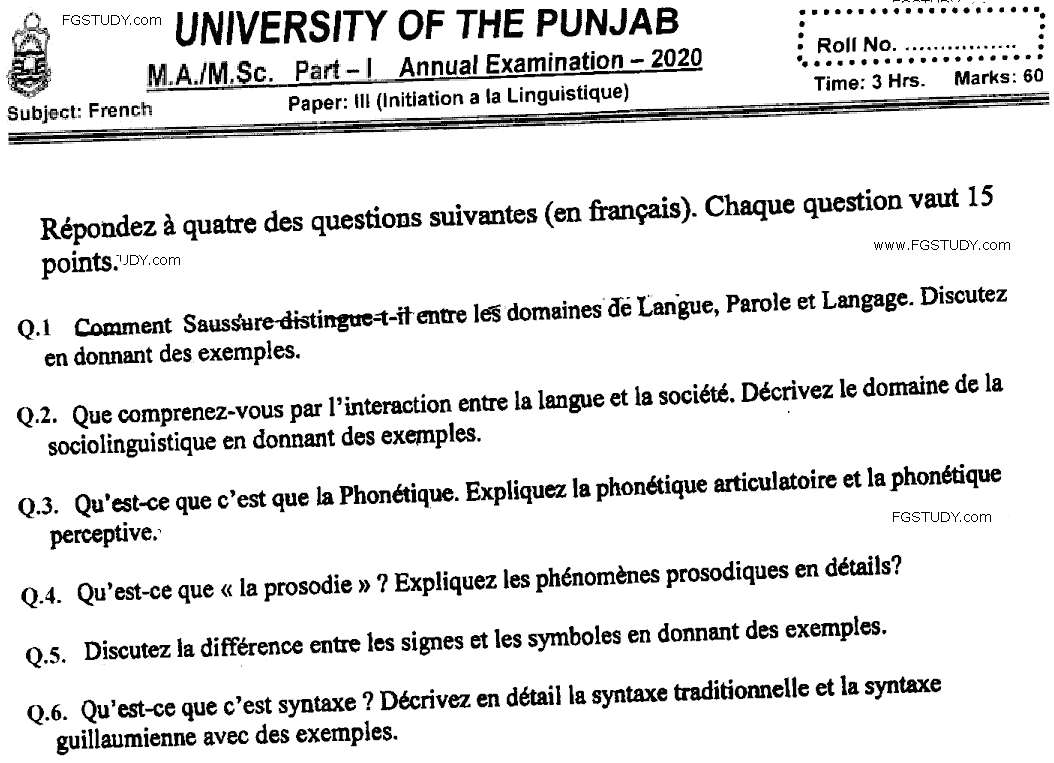 Ma Part 1 French Initiation A La Linguistique Past Paper 2020 Punjab University