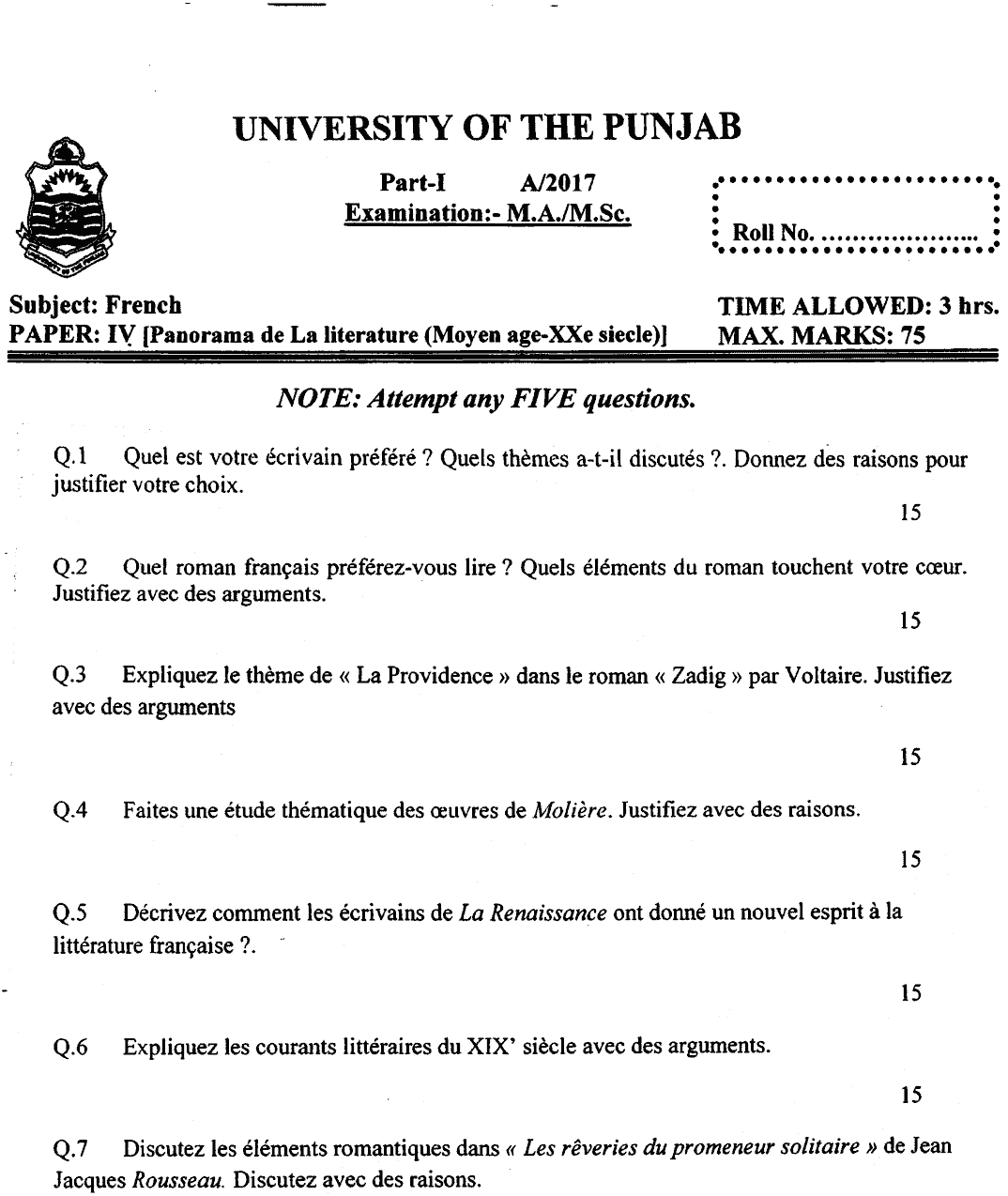 MA Part 1 French Panorama De La Litterature Past Paper 2017 Punjab University