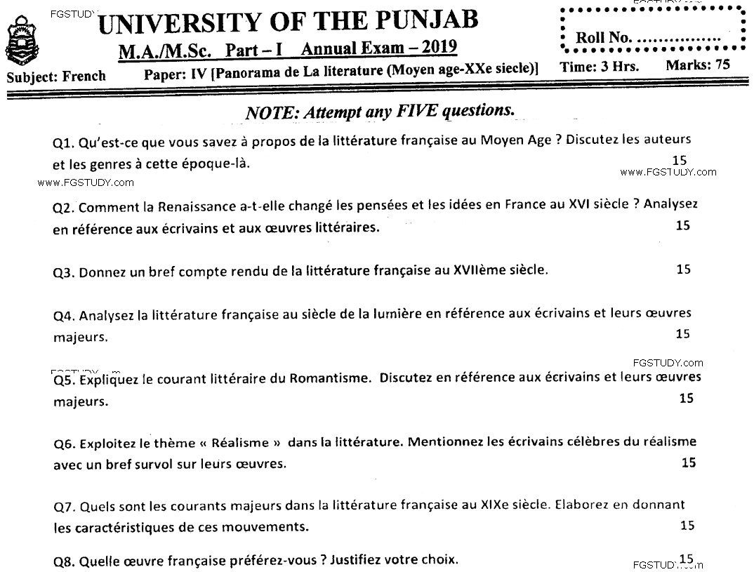 MA Part 1 French Panorama De La Litterature Past Paper 2019 Punjab University