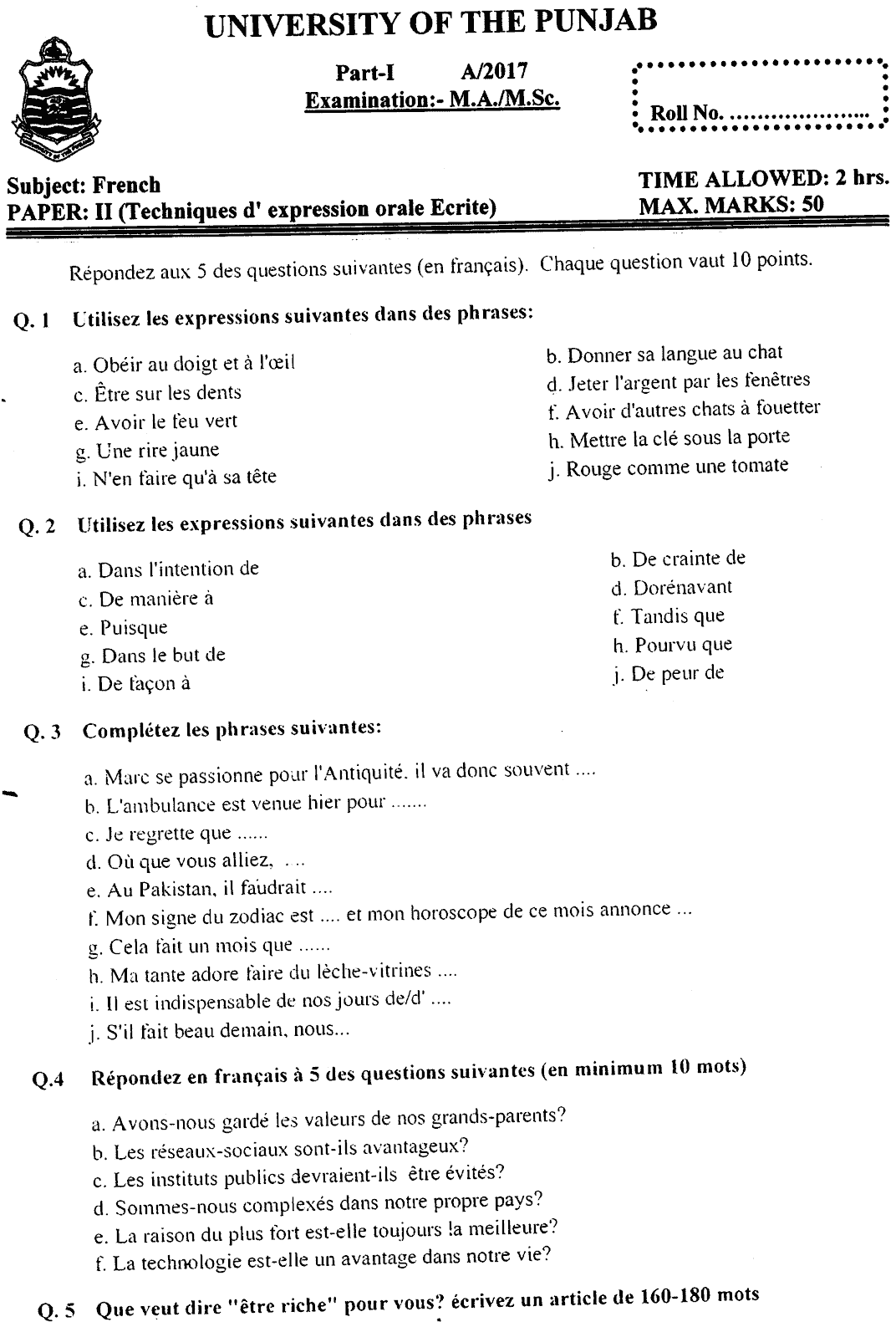 MA Part 1 French Techniques D Expression Orale Ecrite Past Paper 2017 Punjab University