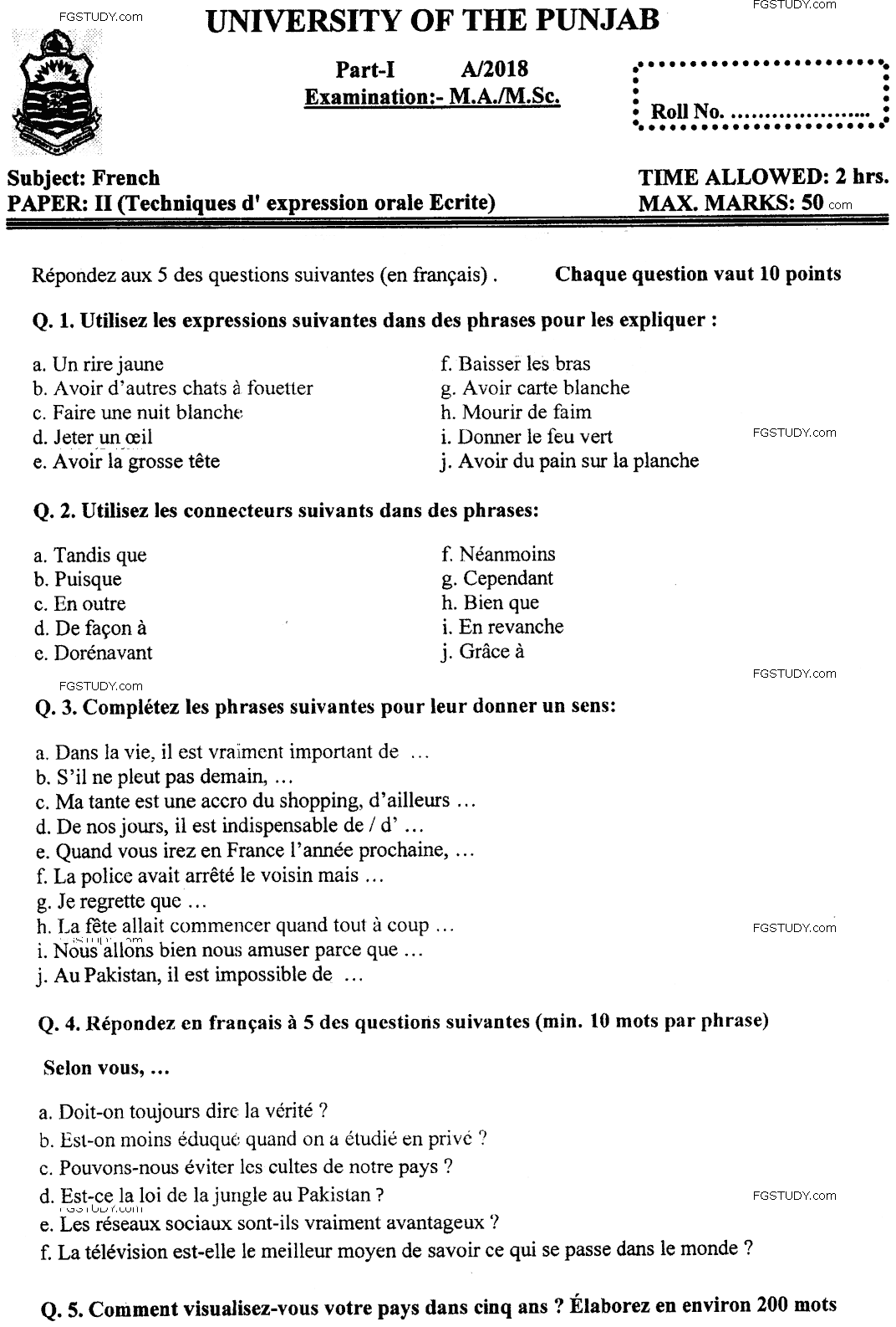 MA Part 1 French Techniques D Expression Orale Ecrite Past Paper 2018 Punjab University