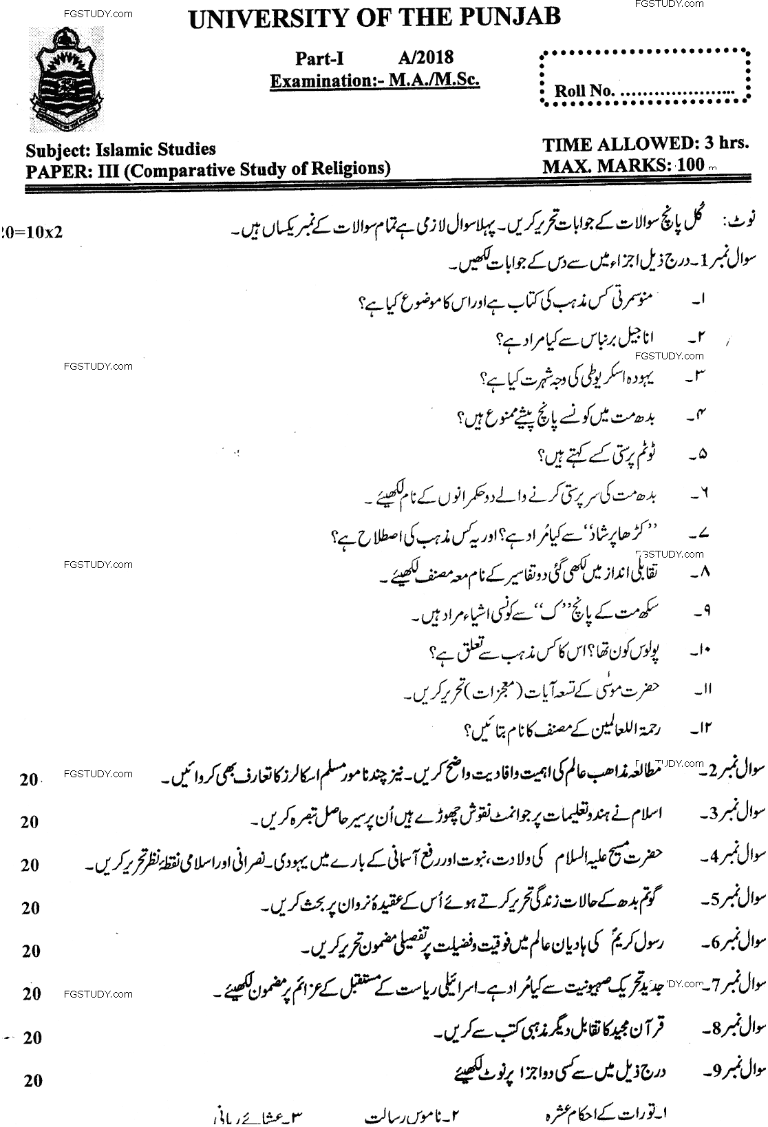 MA Part 1 Islamic Studies Comparative Study Of Religions Past Paper 2018 Punjab University