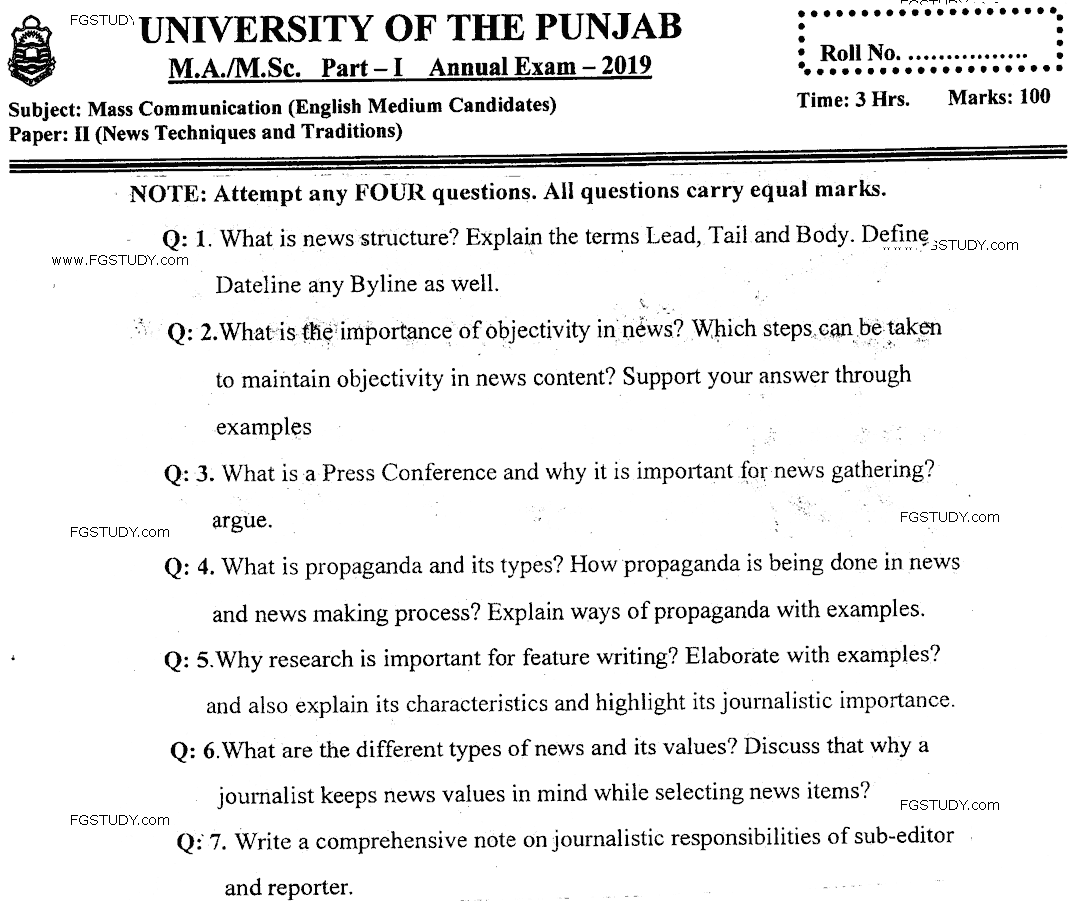 MA Part 1 Mass Communication News Technique And Tradition Past Paper 2019 Punjab University