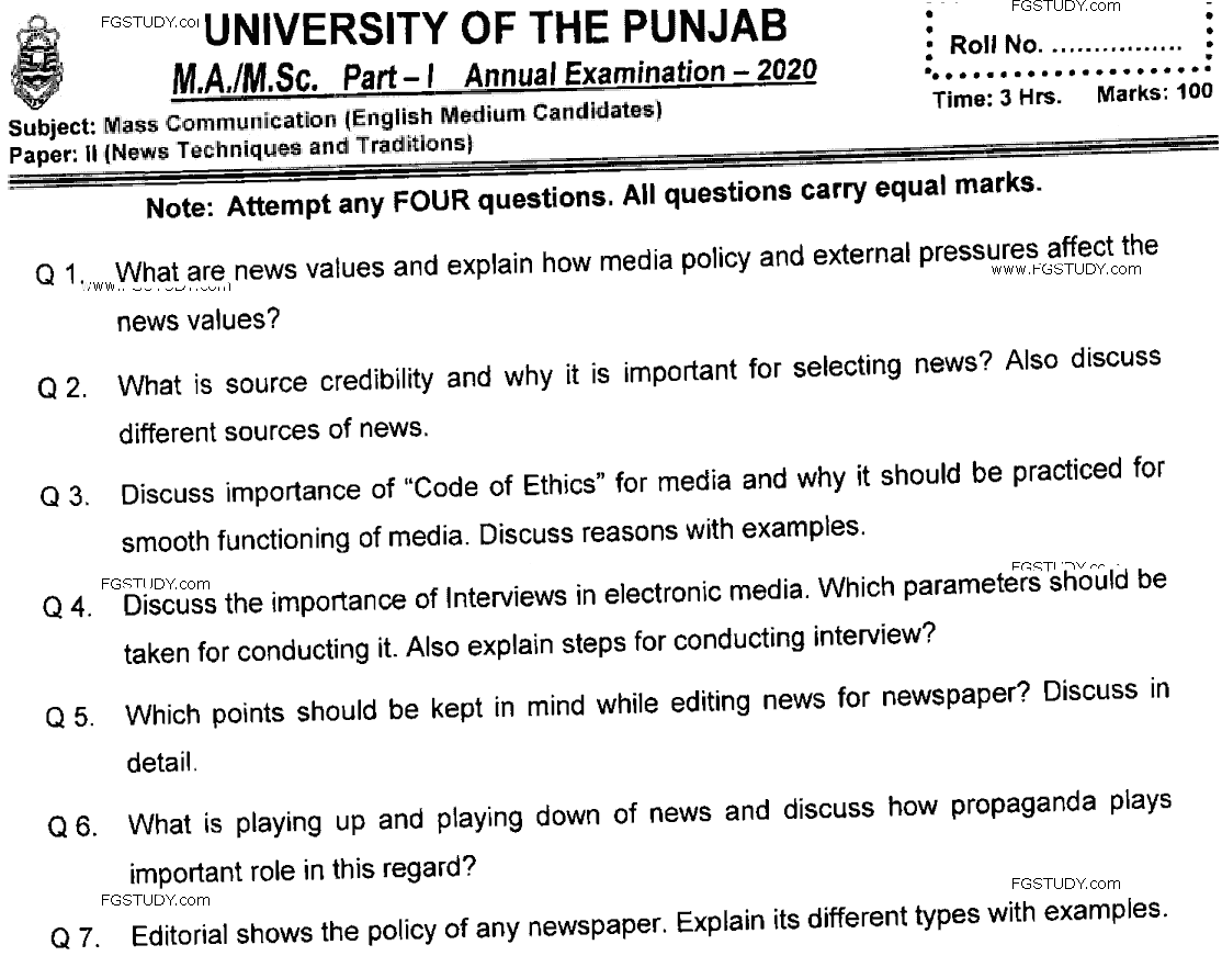 Ma Part 1 Mass Communication News Technique And Tradition Past Paper 2020 Punjab University