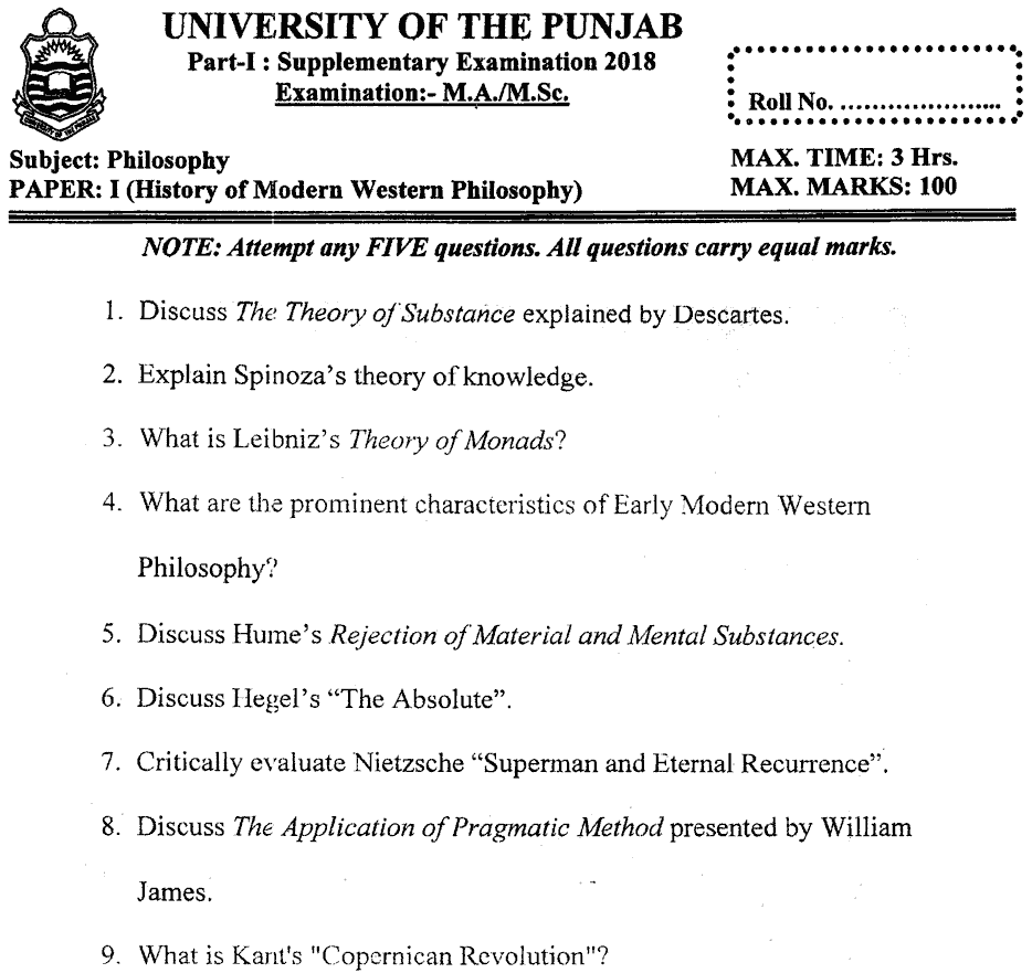 Ma Part 1 Philosophy History Of Modern Western Philosophy Past Paper 2018 Punjab University