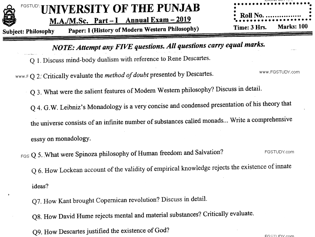 MA Part 1 Philosophy History Of Modern Western Philosophy Past Paper 2019 Punjab University