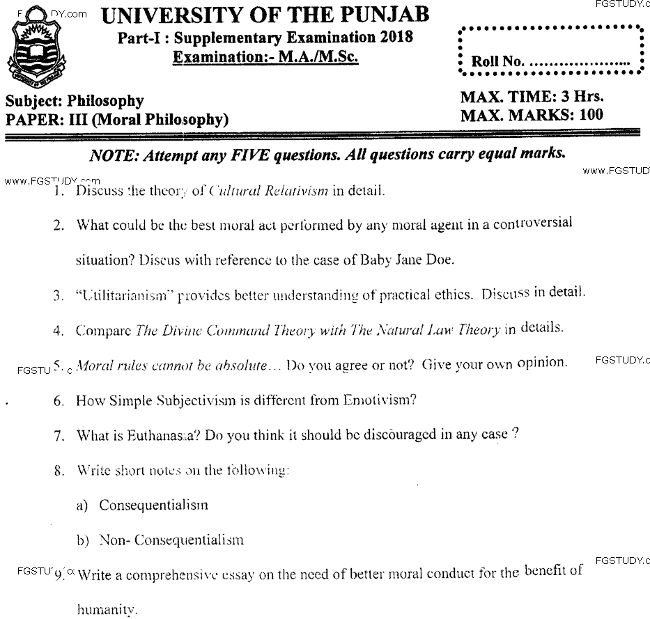 Ma Part 1 Philosophy Moral Philosophy Past Paper 2018 Punjab University