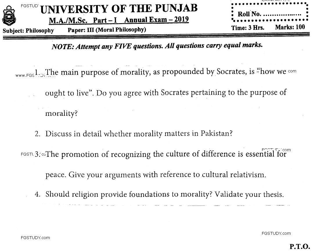 MA Part 1 Philosophy Moral Philosophy Past Paper 2019 Punjab University