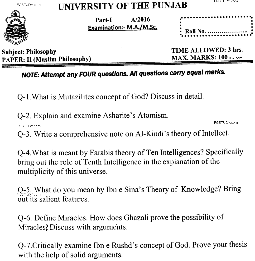 MA Part 1 Philosophy Muslim Philosophy Past Paper 2016 Punjab University