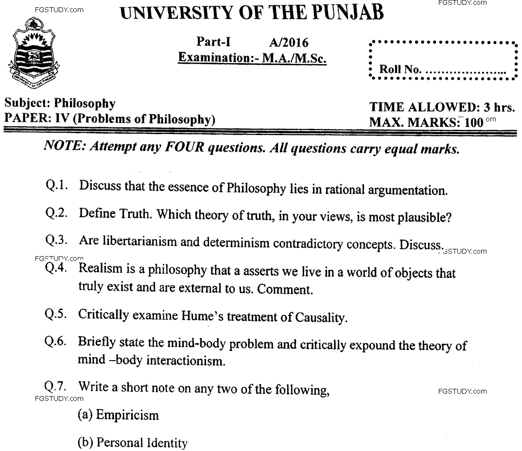 Ma Part 1 Philosophy Problems Of Philosophy Past Paper 2016 Punjab University
