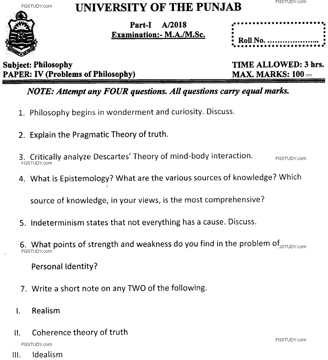 MA Part 1 Philosophy Problems Of Philosophy Past Paper 2018 Punjab University