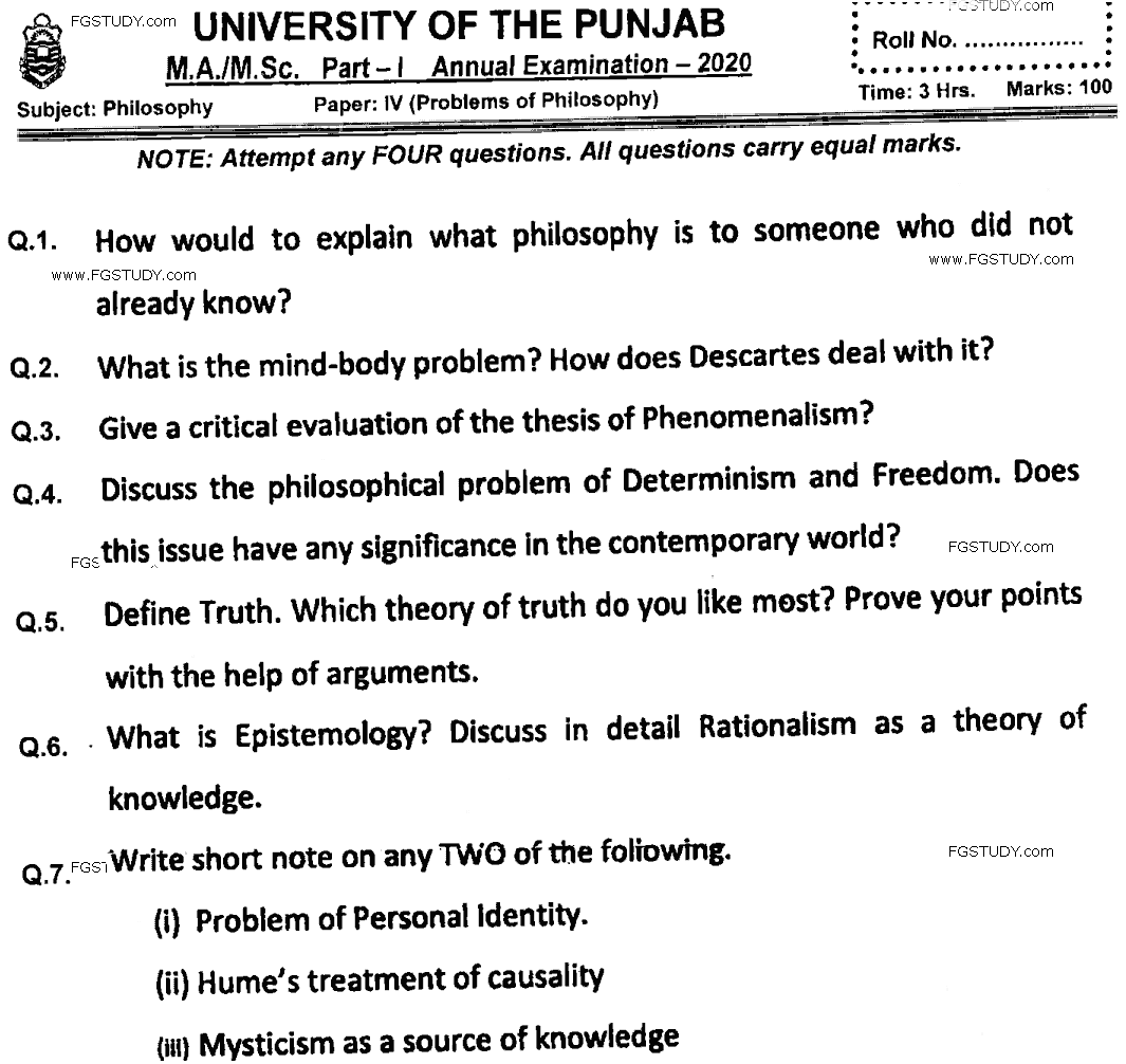 MA Part 1 Philosophy Problems Of Philosophy Past Paper 2020 Punjab University