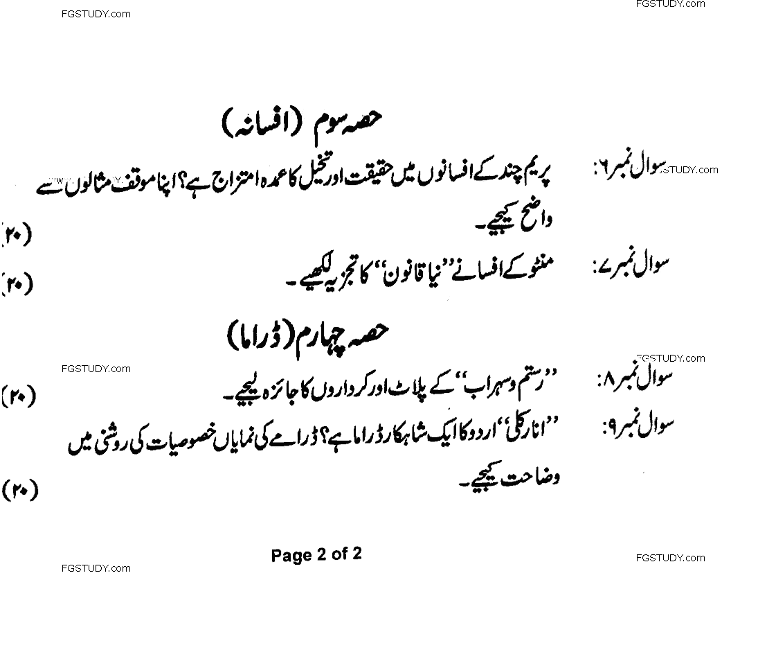 Ma Part 1 Urdu Afsanvi Nasar O Drama Past Paper 2020 Punjab University
