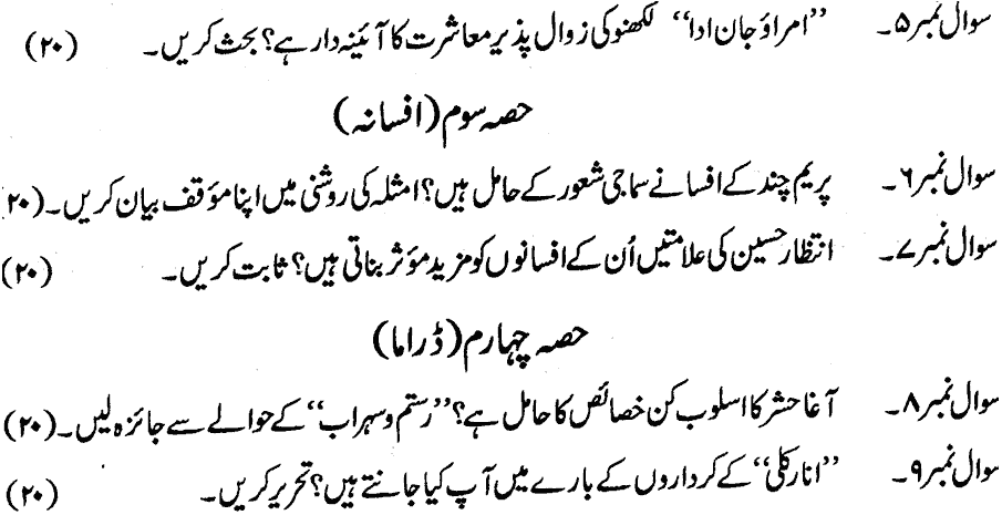 MA Part 1 Urdu Afsanvi Nasr Drama Past Paper 2019 Punjab University