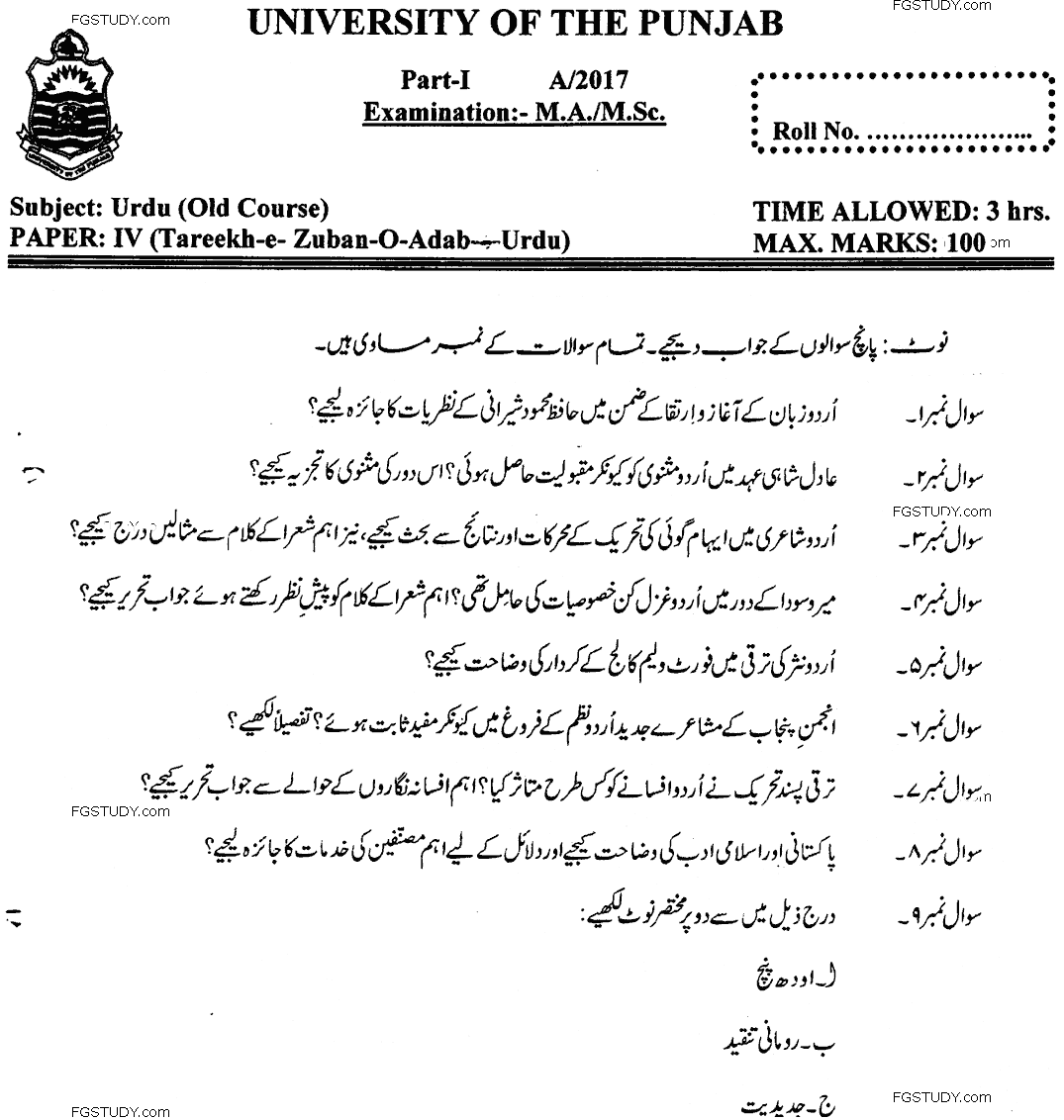 MA Part 1 Urdu Tareekh Zaban O Adab E Urdu Past Paper 2017 Punjab University