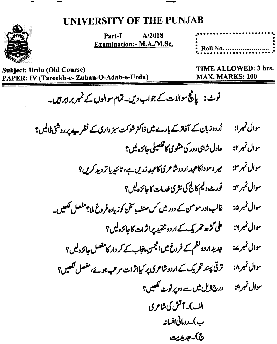 MA Part 1 Urdu Tareekh Zaban O Adab E Urdu Past Paper 2018 Punjab University