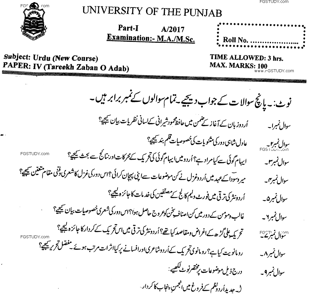MA Part 1 Urdu Tareekh Zaban O Adab Past Paper 2017 Punjab University