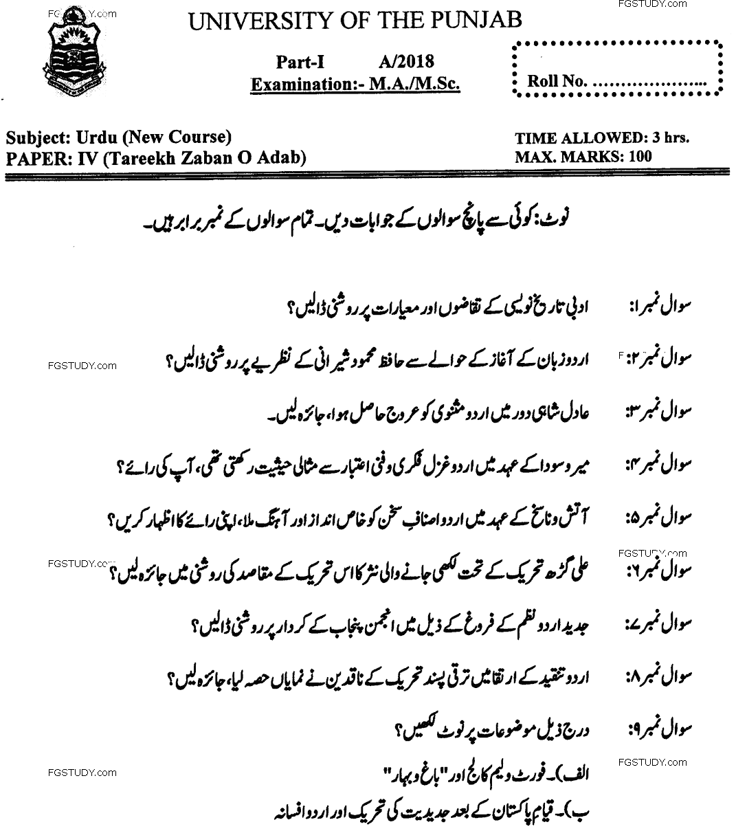 Ma Part 1 Urdu Tareekh Zaban O Adab Past Paper 2018 Punjab University