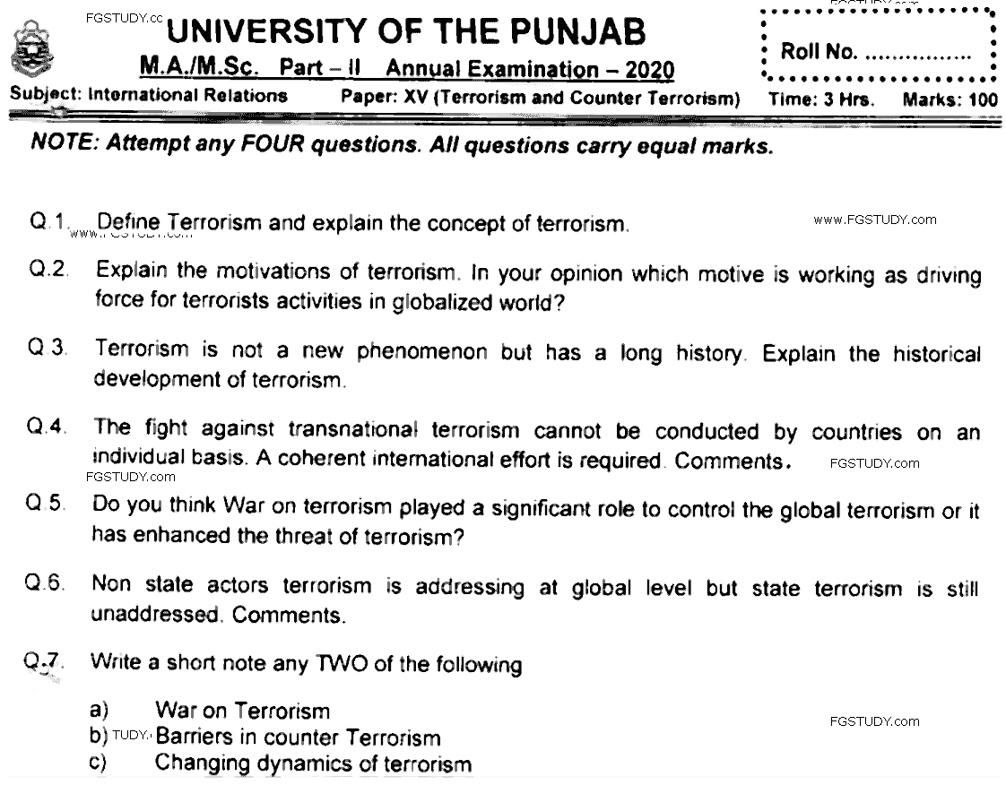 MA Part 2 International Relations Terrorism And Counter Terrorism Past Paper 2020 Punjab University