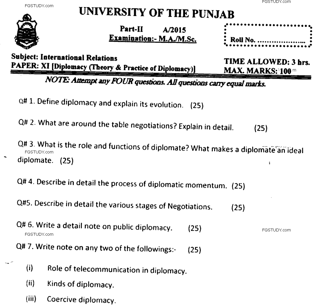 MA Part 2 International Relations Theory And Practice Of Diplomacy Past Paper 2015 Punjab University