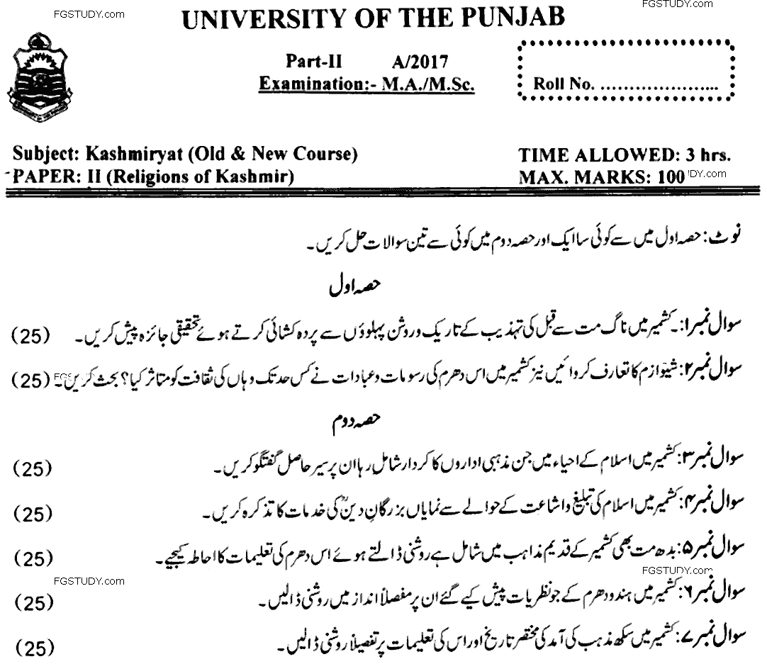 MA Part 2 Kashmiriyat Religions Kashmir Past Paper 2017 Punjab University