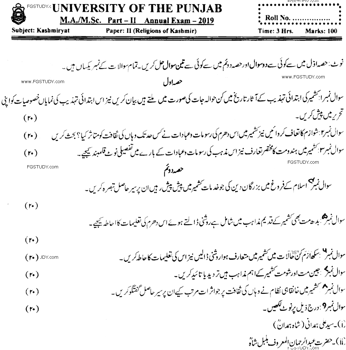 MA Part 2 Kashmiriyat Religions Kashmir Past Paper 2019 Punjab University