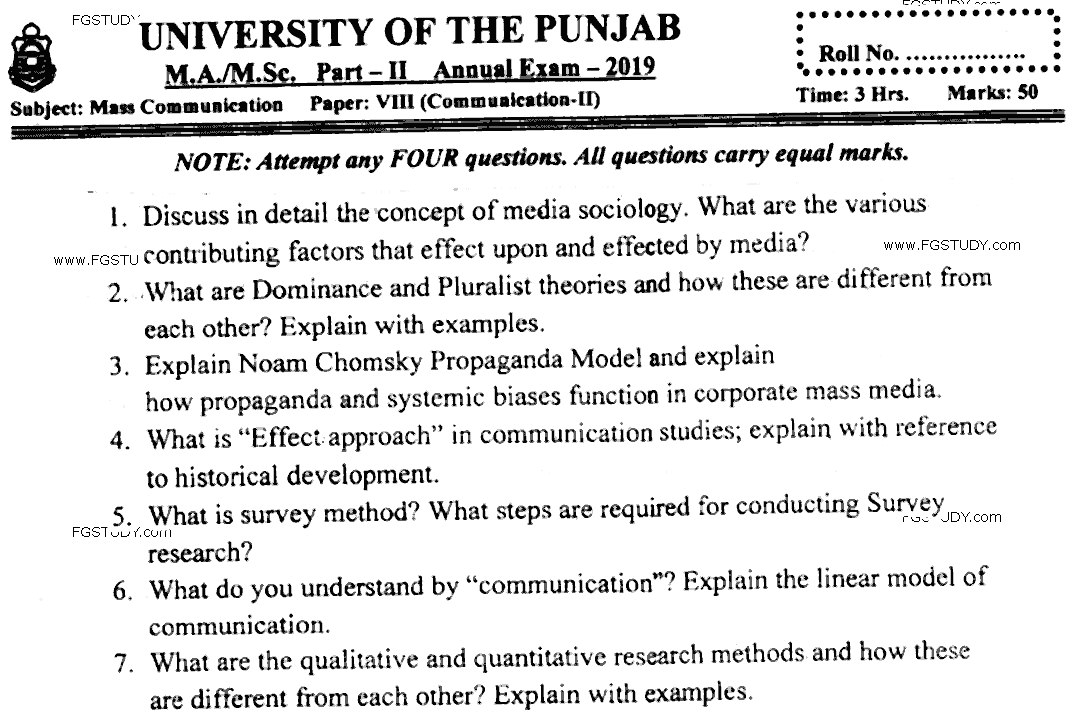 MA Part 2 Mass Communication Communication 2 Past Paper 2019 Punjab University