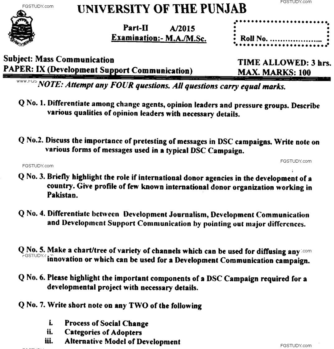 MA Part 2 Mass Communication Development Support Communication Past Paper 2015 Punjab University