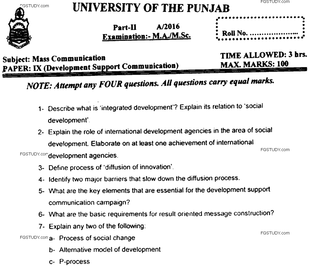 MA Part 2 Mass Communication Development Support Communication Past Paper 2016 Punjab University