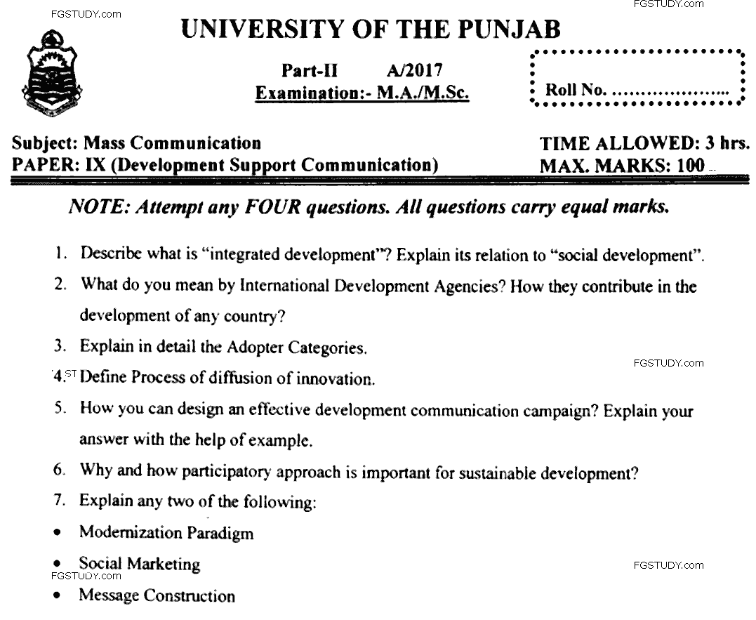 Ma Part 2 Mass Communication Development Support Communication Past Paper 2017 Punjab University