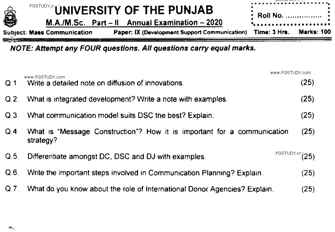 MA Part 2 Mass Communication Development Support Communication Past Paper 2020 Punjab University